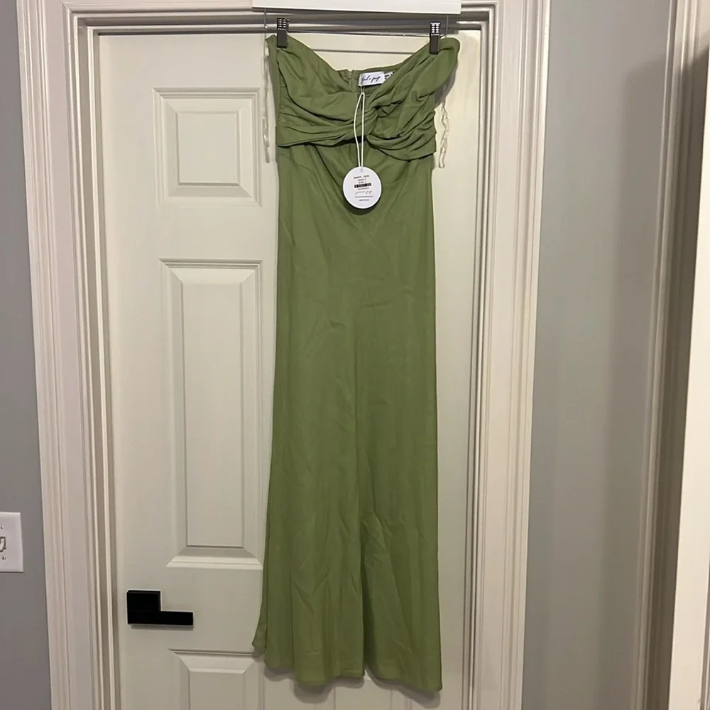 Petal & Pup Strapless Twist Front Cutout Midi Dress in Sage - Picture 4 of 4